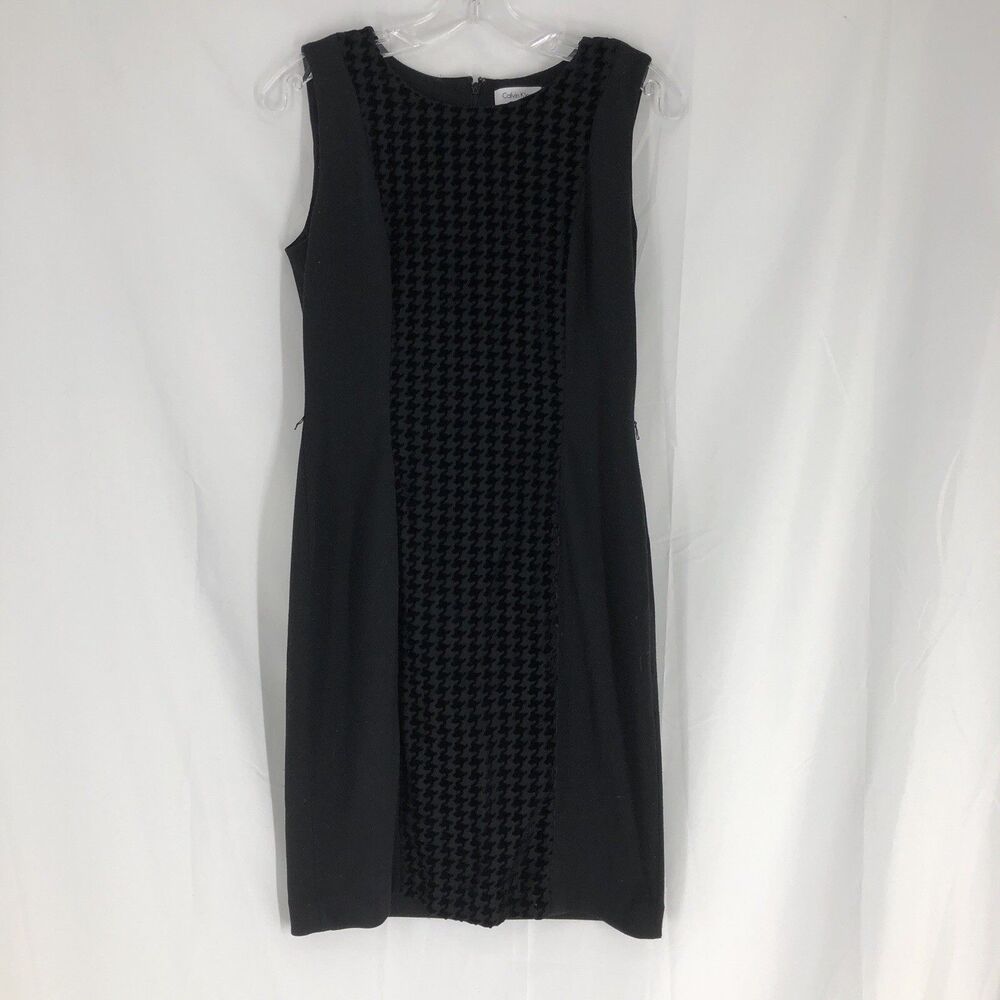 Calvin Klein Dress Womens 4 Sleeveless Sheath Houndstooth Panel Velvet Detail